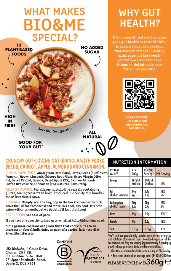 Apple & Cinnamon Granola 360g crunchy plant-based breakfast granola available at The Velvet Corner
