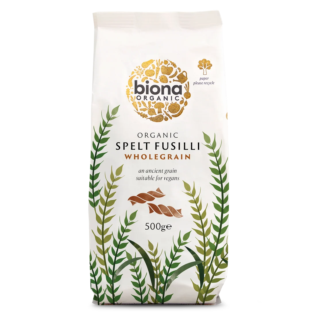 A 500g bag of Biona Organic Spelt Fusilli Wholegrain pasta on a solid white background. The packaging is off-white with a gold circular logo, green and olive botanical illustrations, and brown pasta pieces shown in the center.