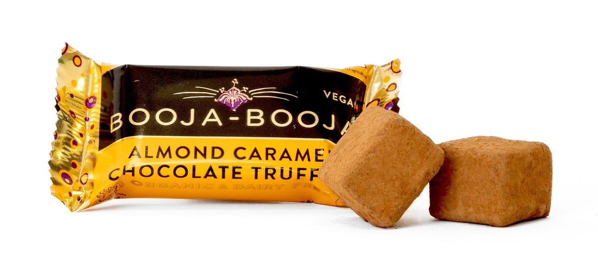Front pack of Booja-Booja Almond Salted Caramel Chocolate Truffles 2 Pack 23g
