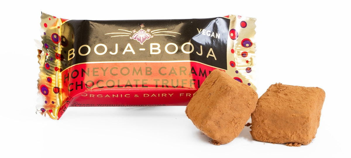 Front pack of Booja-Booja Honeycomb Caramel Chocolate Truffles 2 Pack 23g