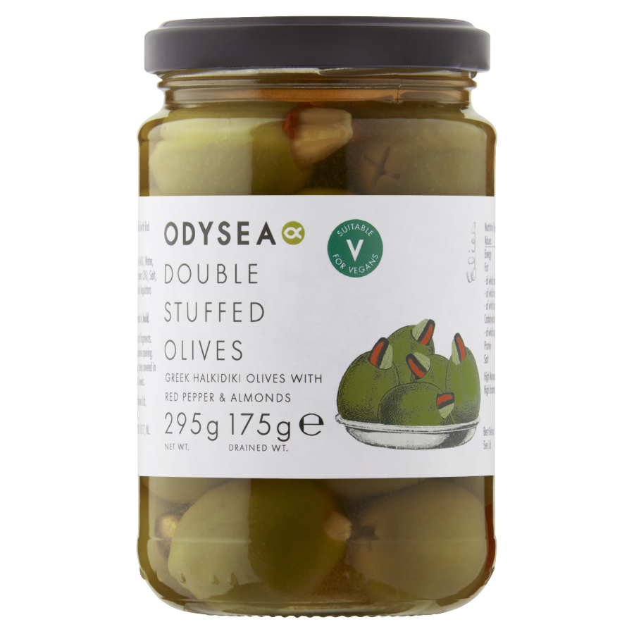 Odysea Double Stuffed Olives with Pepper & Almond 295g Mediterranean deli product available at The Velvet Corner