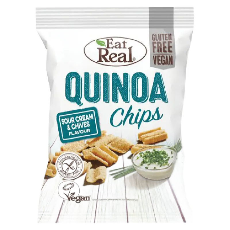 A bag of Eat Real Quinoa Chips in Sour Cream & Chives flavour. The white bag features the Eat Real logo at the top, 'QUINOA Chips' in large teal text, and an illustration of golden-brown cracker chips next to a bowl of white sour cream with green chives.