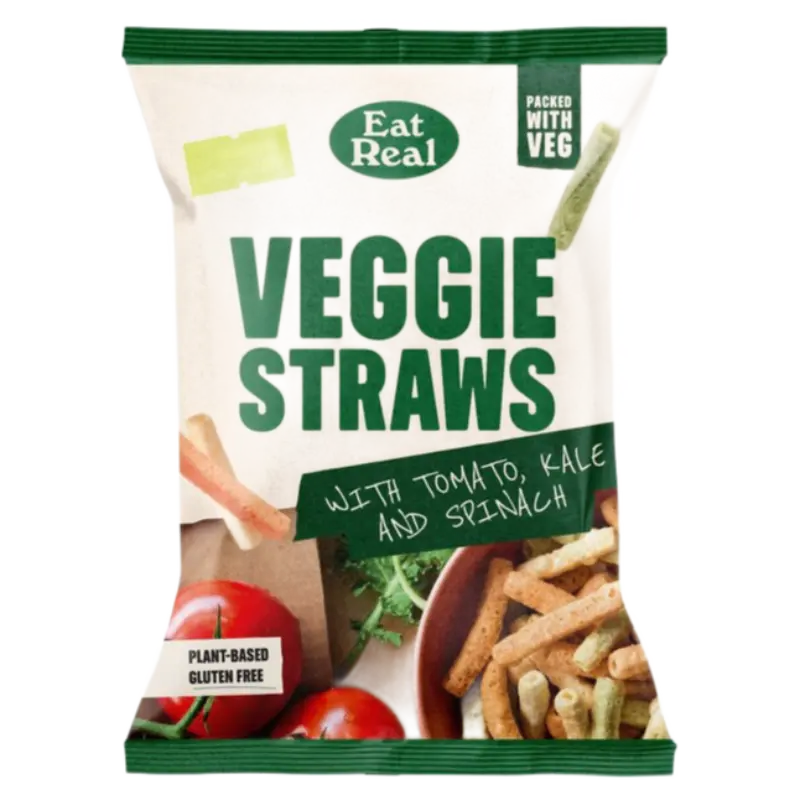 A bag of Eat Real Veggie Straws, plant-based gluten free snack with tomato, kale, and spinach, shown on a plain white background.