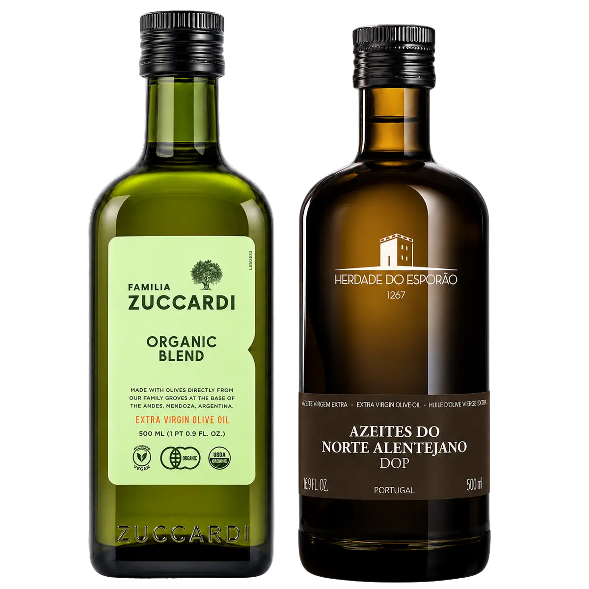 Two 500 mL bottles of olive oil on a plain white background: a green glass bottle labeled Zuccardi Organic Blend and a dark amber glass bottle labeled Herdade do Espéraco Azeites do Norte Alentejano DOP.