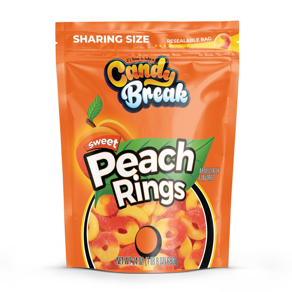 Front pack of Candy Break Peach Rings 113g