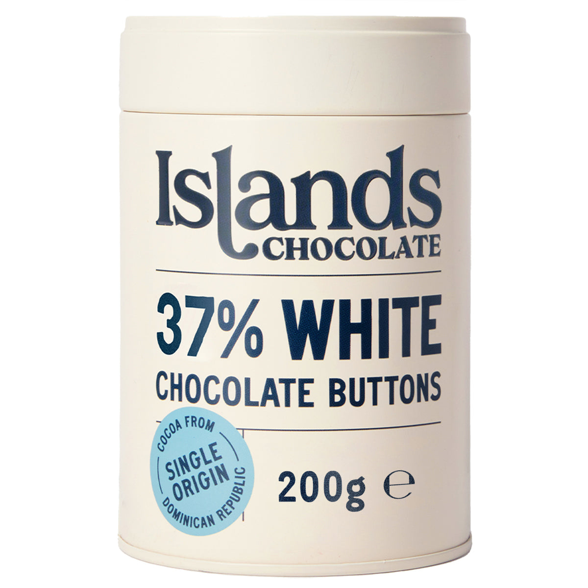 Front pack of Islands Chocolate 37% White Chocolate Buttons 200g