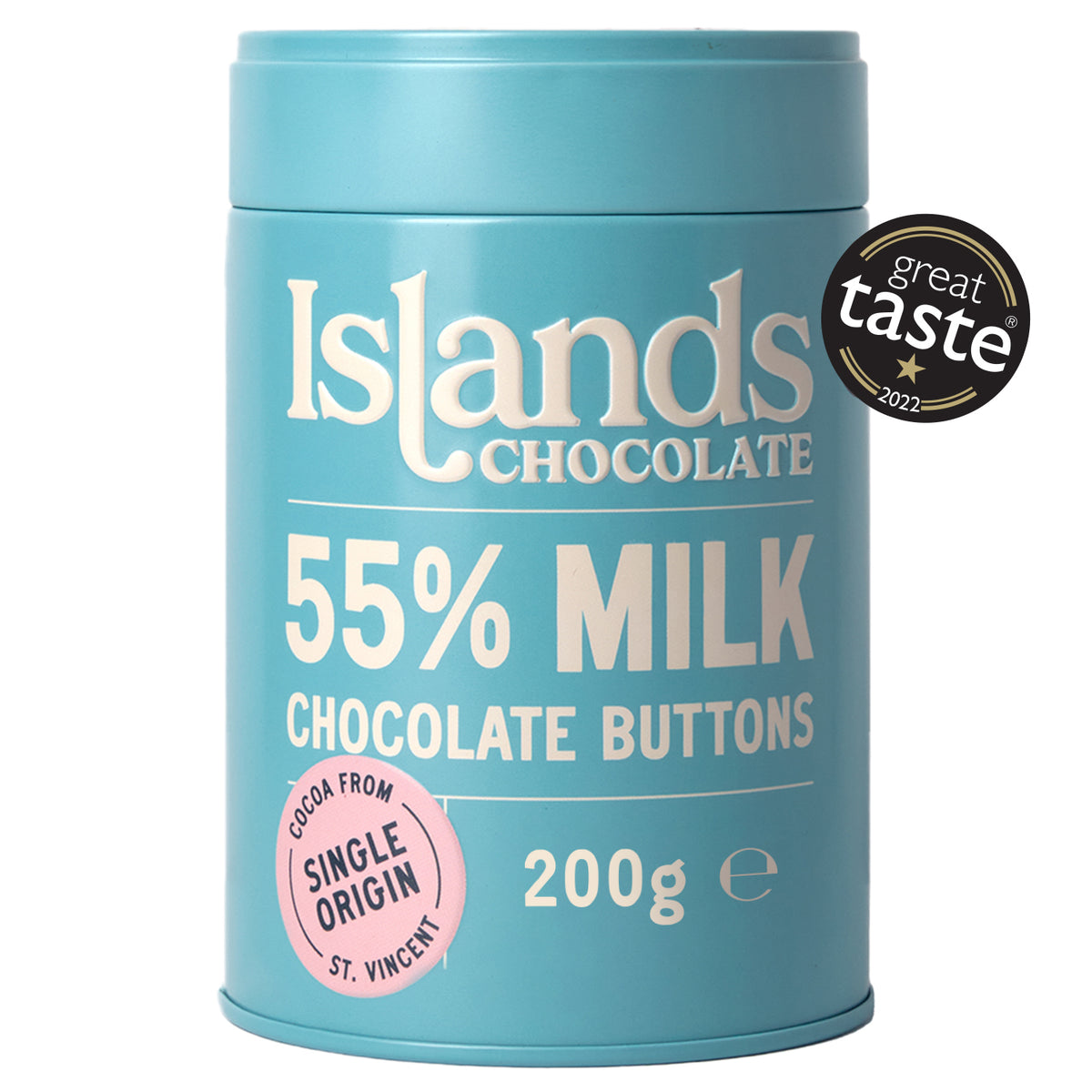 Front pack of Islands Chocolate 55% Milk Chocolate Buttons 200g
