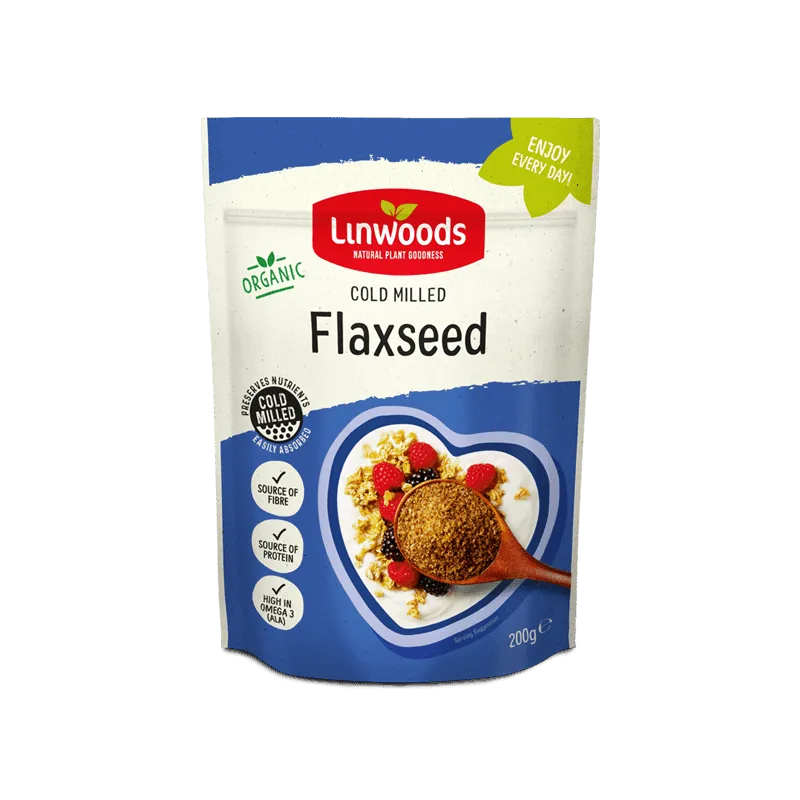 A 200g stand-up pouch of Linwoods Organic Cold Milled Flaxseed on a plain white background. The packaging features a blue and white design with a red brand logo and an illustration of a bowl of granola with flaxseed.