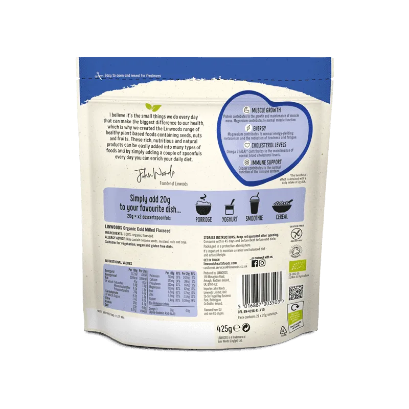 Back of a food package showing product information, nutrition facts, ingredients, and usage notes on a white background.