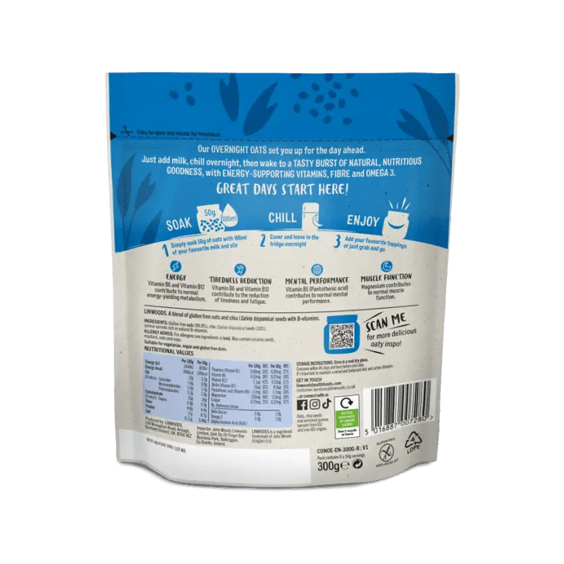 The back of a 300g pouch of Kalarup grain-free snack mix, featuring a blue and white design with step-by-step preparation instructions, nutritional information, and a QR code.