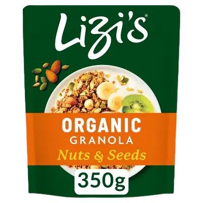 Lizi's Organic Granola Nuts & Seeds in a 350g resealable pouch. The packaging features a dark green background with a central orange band, a photo of the granola in a bowl with banana and kiwi slices, and illustrations of almonds and seeds.