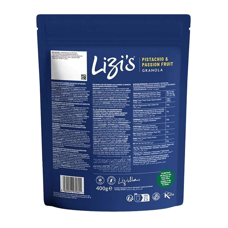 Back view of a Lizi's Pistachio & Passion Fruit Granola pouch in dark blue, showing detailed product information, nutrition facts, and a barcode on a white background.
