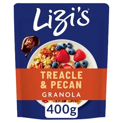 Lizi's Treacle & Pecan Granola 400g pouch. The packaging features a dark blue background with a central image of a bowl of granola topped with strawberries, blueberries, and pecans, and a prominent orange band with white text.