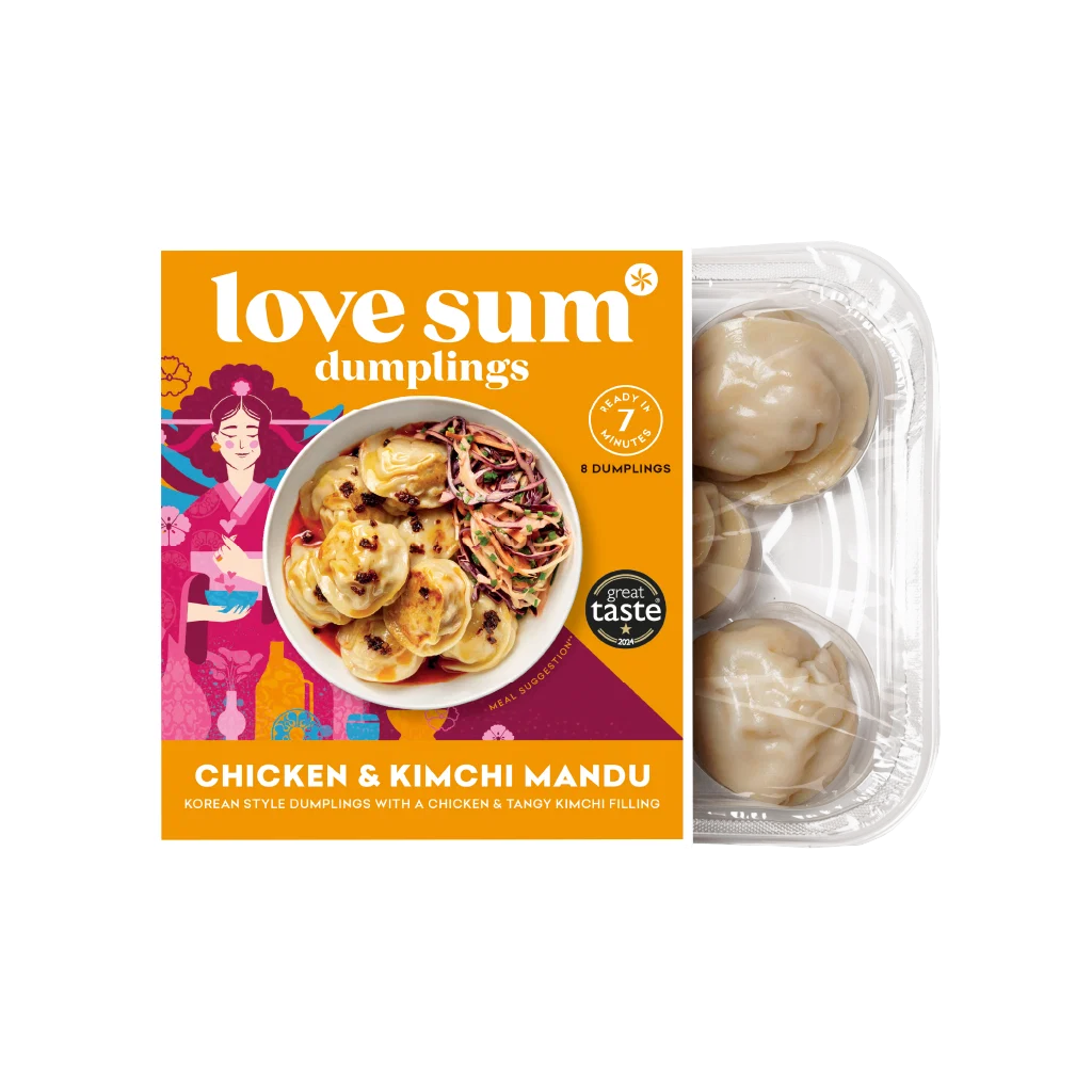 Love Sum Dumplings Chicken & Kimchi Mandu package shown next to the clear plastic tray containing two dumplings on a white background.