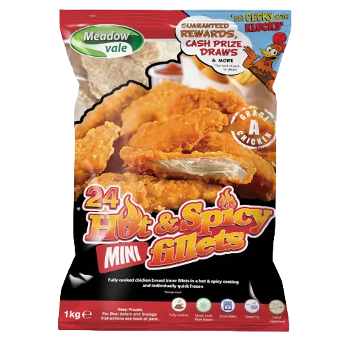 A 1kg bag of Meadow Vale Knicker 24 Hot & Spicy Mini Fillets, featuring a red and black packaging design with a large photo of golden-brown fried chicken on the front.