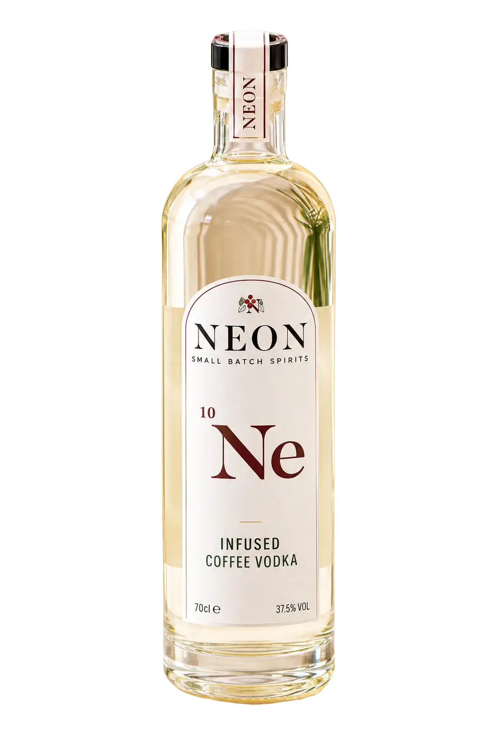 A 70cl glass bottle of Neon 10 Ne Infused Coffee Vodka, featuring a cream-colored label with dark red and black text, and a beige neck label, set against a plain white background.