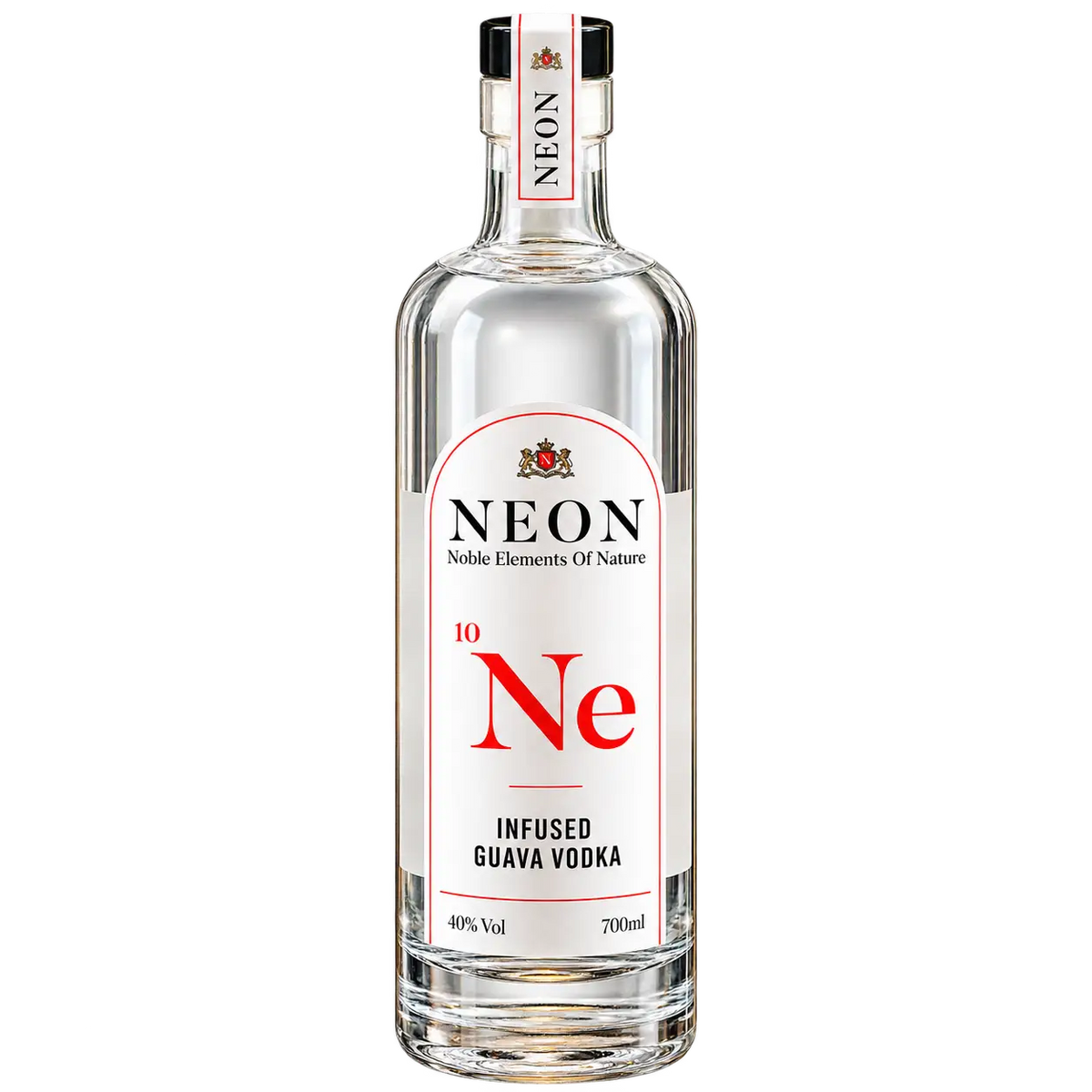 A 700ml glass bottle of Neon Infused Guava Vodka, 40% Vol, featuring a white label with red and black text and a red '10 Ne' design, sealed with a matching white and red neck wrap on a white background.