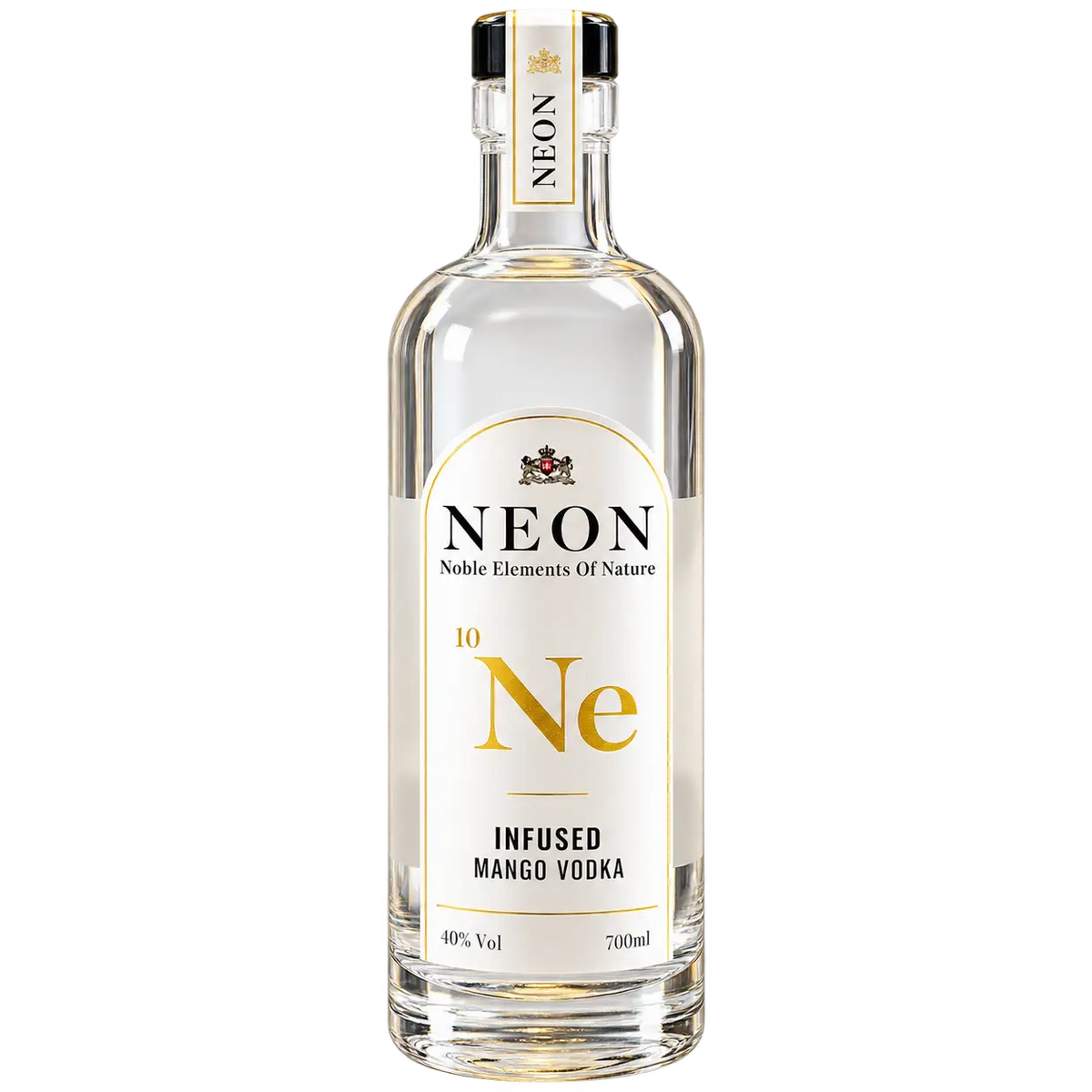 A 700ml glass bottle of Neon Infused Mango Vodka on a solid white background. The bottle is clear glass with a white label featuring gold and black text, and a gold foil neck label.