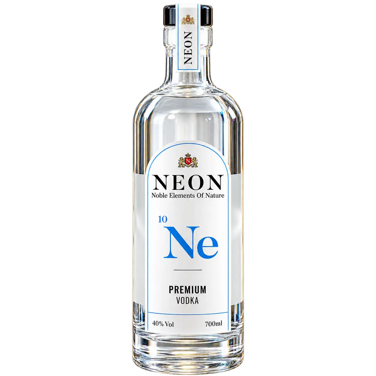 A 700ml glass bottle of NEON 10Ne Premium Vodka on a solid white background. The bottle is clear glass with a white label featuring blue and black text, and a blue and white neck label.