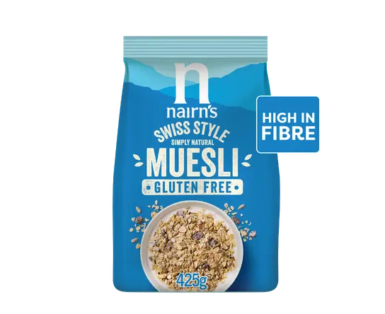 A blue bag of nairn's Swiss Style Muesli, gluten free, 125g, featuring a bowl of muesli on the front and a blue 'HIGH IN FIBRE' badge on the right.