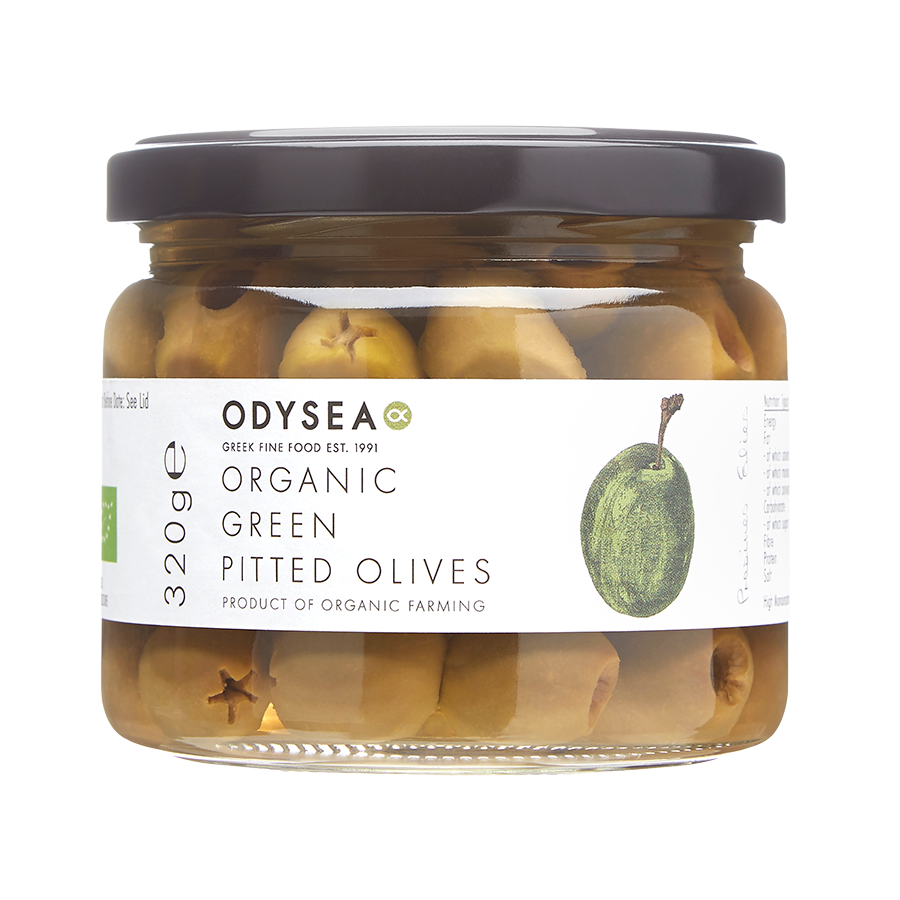 Odysea Organic Green Pitted Olives in brine (320g)