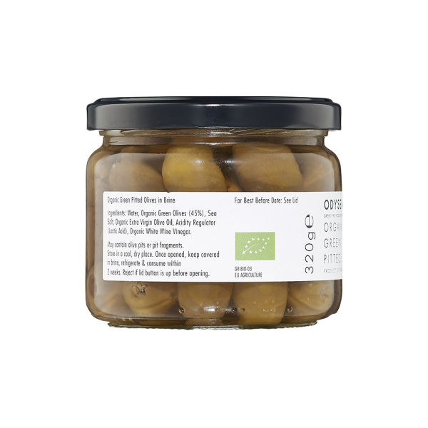 Odysea Organic Green Pitted Olives 320g Mediterranean deli product available at The Velvet Corner