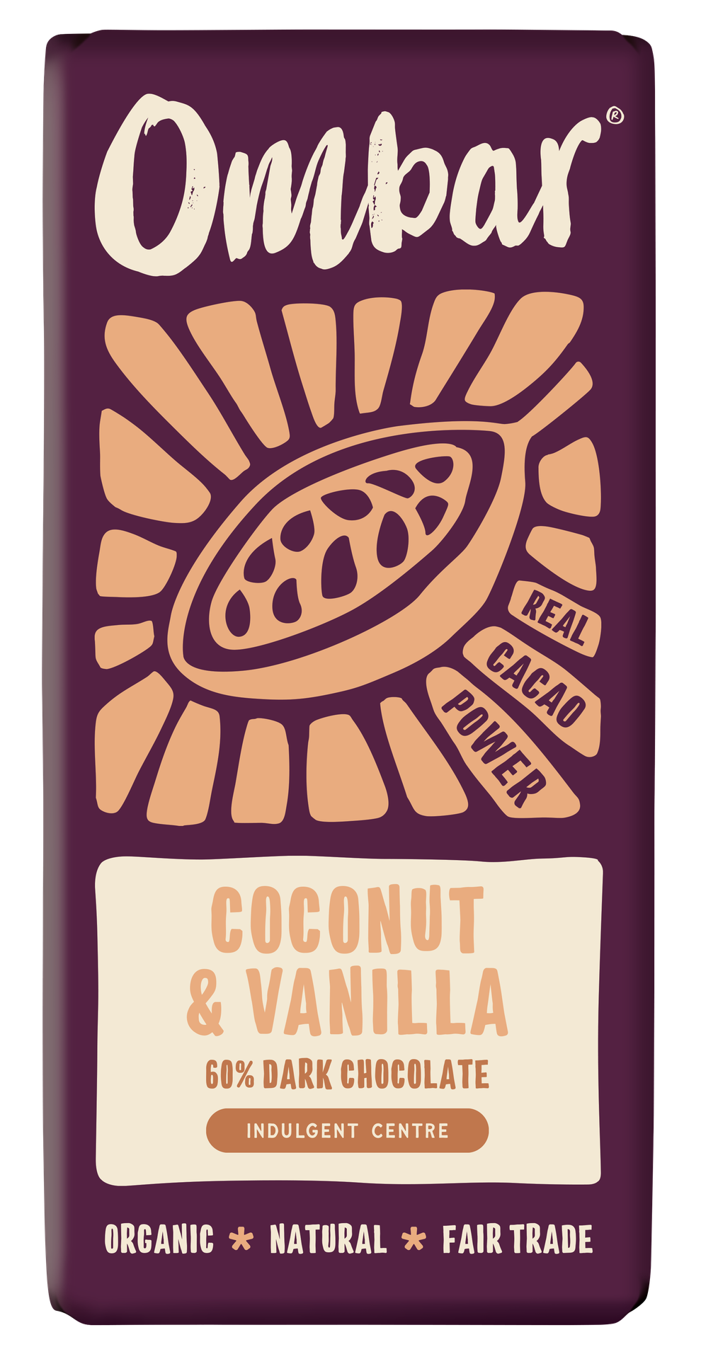 Front pack of Ombar Coconut & Vanilla Organic Vegan Chocolate Bar 70g