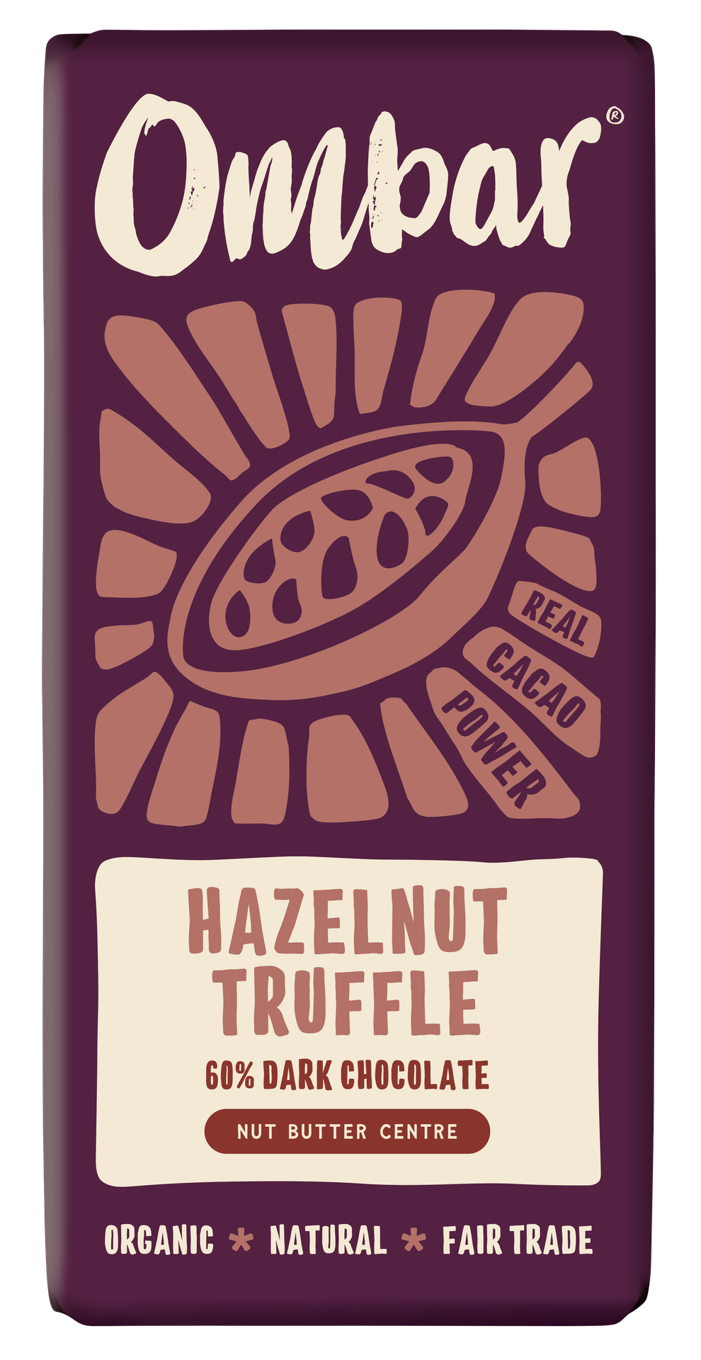 Front pack of Ombar Hazelnut Truffle Organic Vegan Chocolate Bar 70g