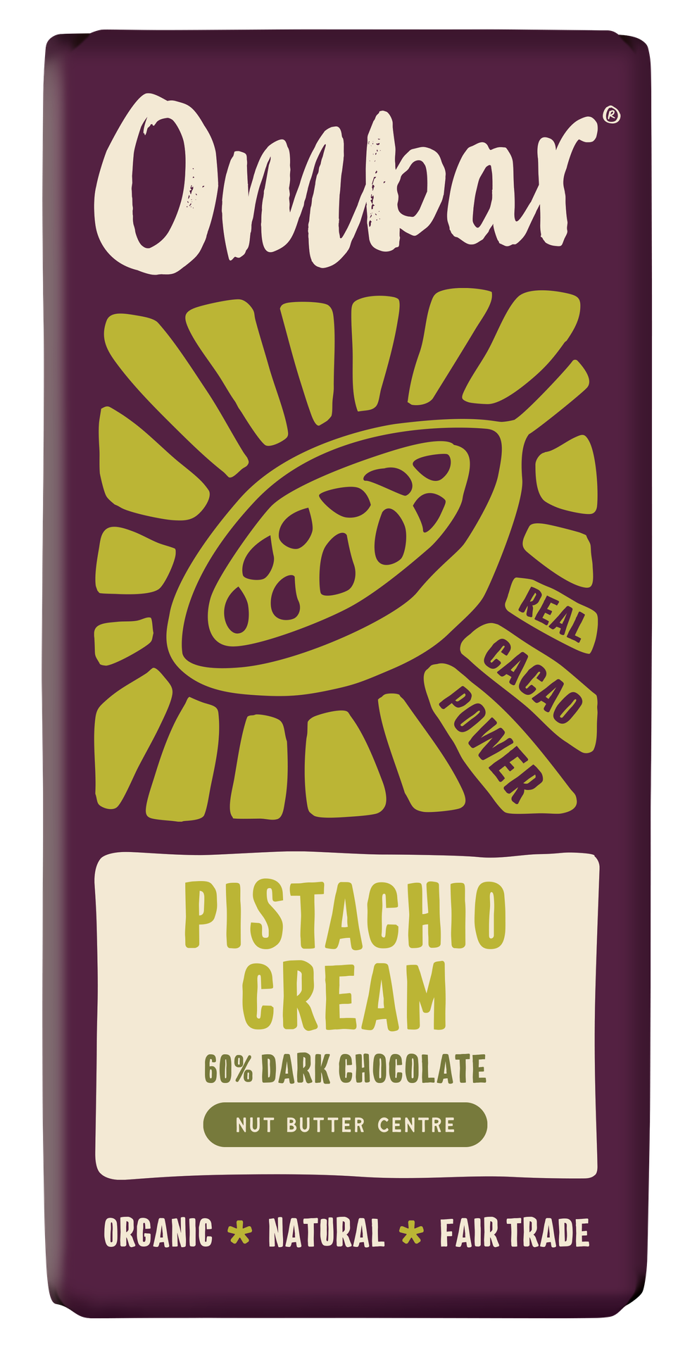 Front pack of Ombar Pistachio Cream Organic Vegan Chocolate Bar 70g