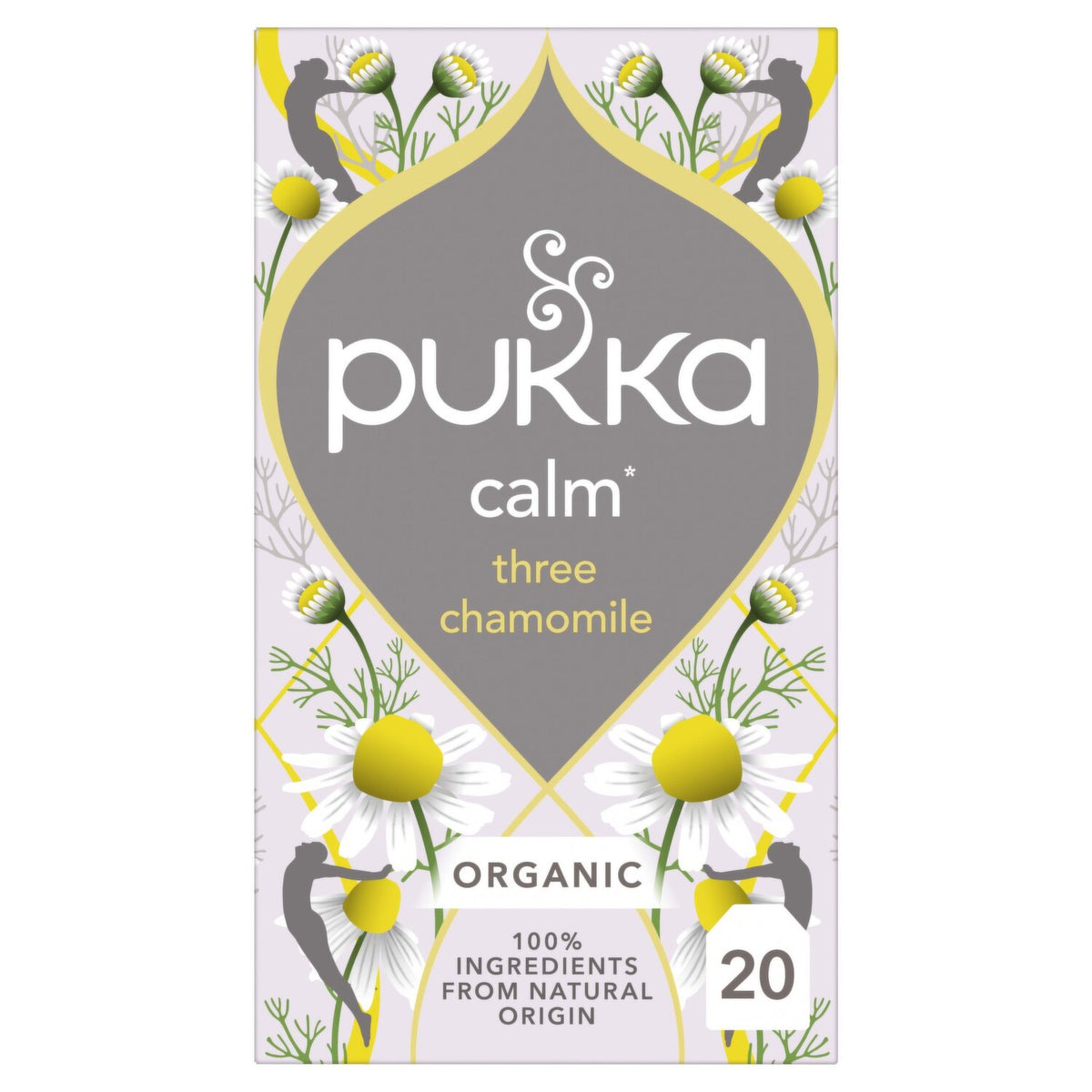 Pukka Organic Three Chamomile herbal tea box with 20 tea bags