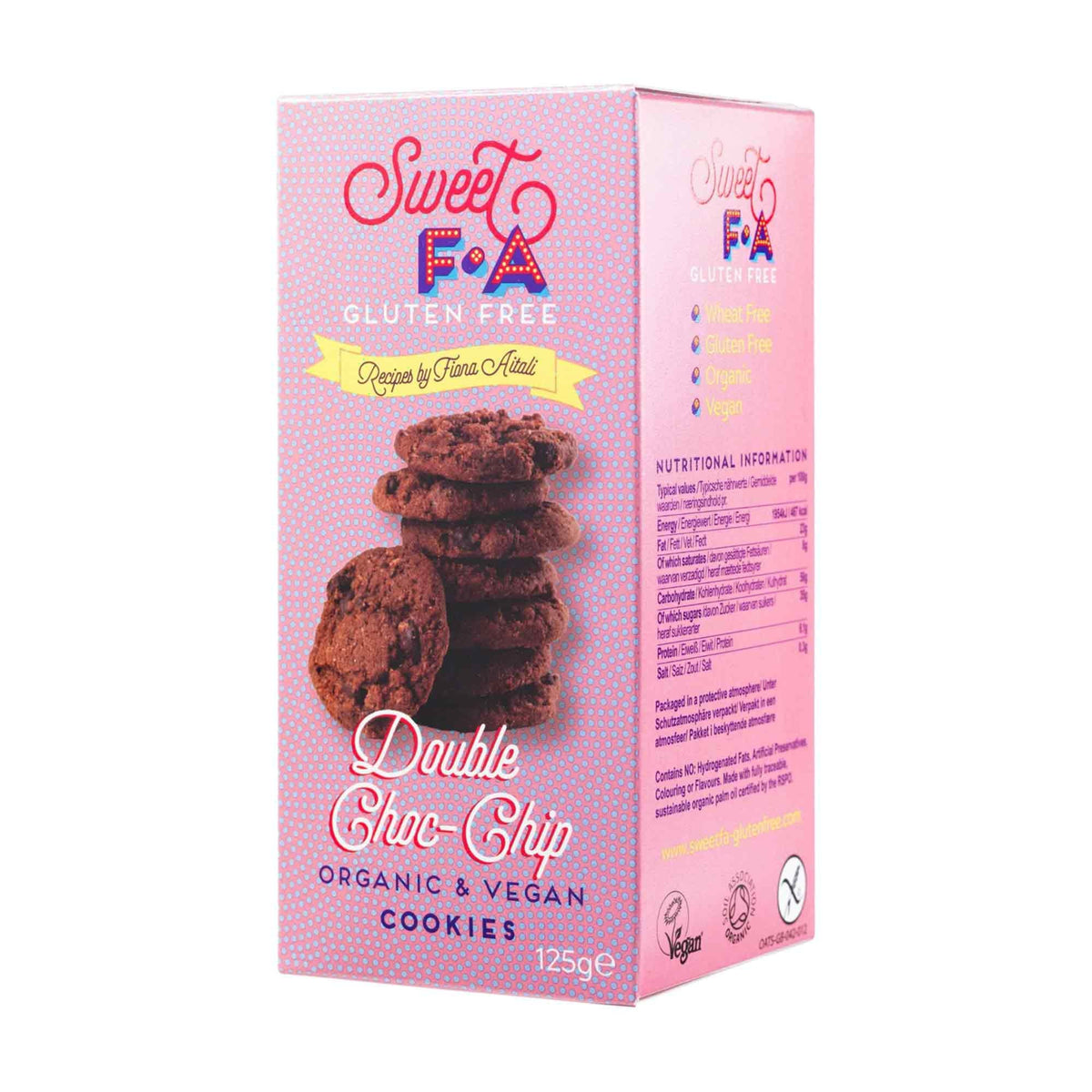 Sweet FA vegan gluten-free Double Chocolate Chip Cookies 125g box