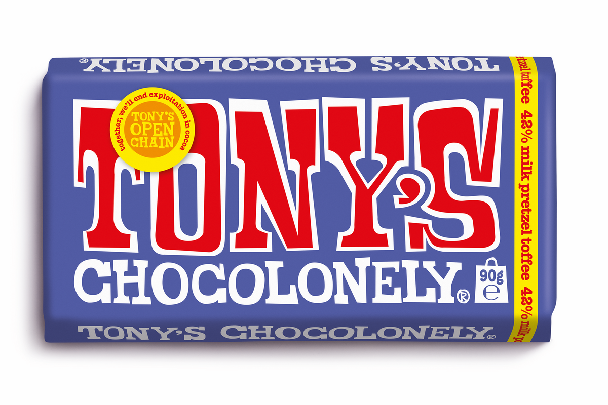 Front pack of Tony's Chocolonely 42% Dark Milk Pretzel Toffee Bar 90g