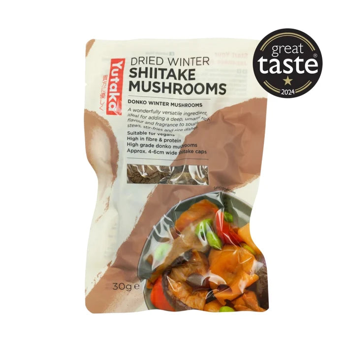 A 30g bag of Yurlik Dried Winter Shiitake Mushrooms on a white background, featuring a brown graphic design and a 'great taste 2024' award badge in the top right corner.