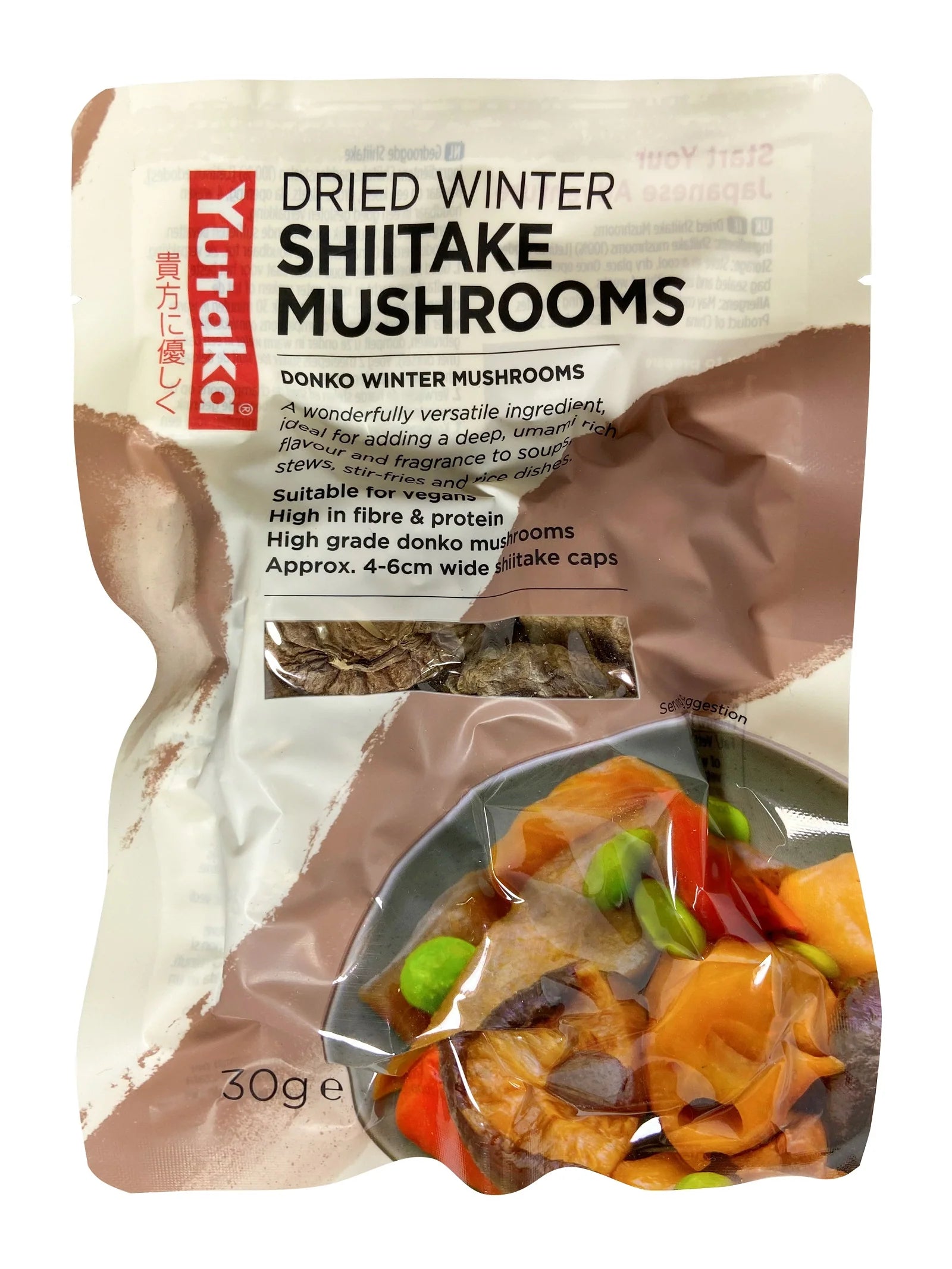 A 30g pouch of Yutaka Dried Winter Shiitake Mushrooms, featuring a beige and brown design with a clear window showing the dried mushrooms inside and a serving suggestion of cooked mushrooms on the front.