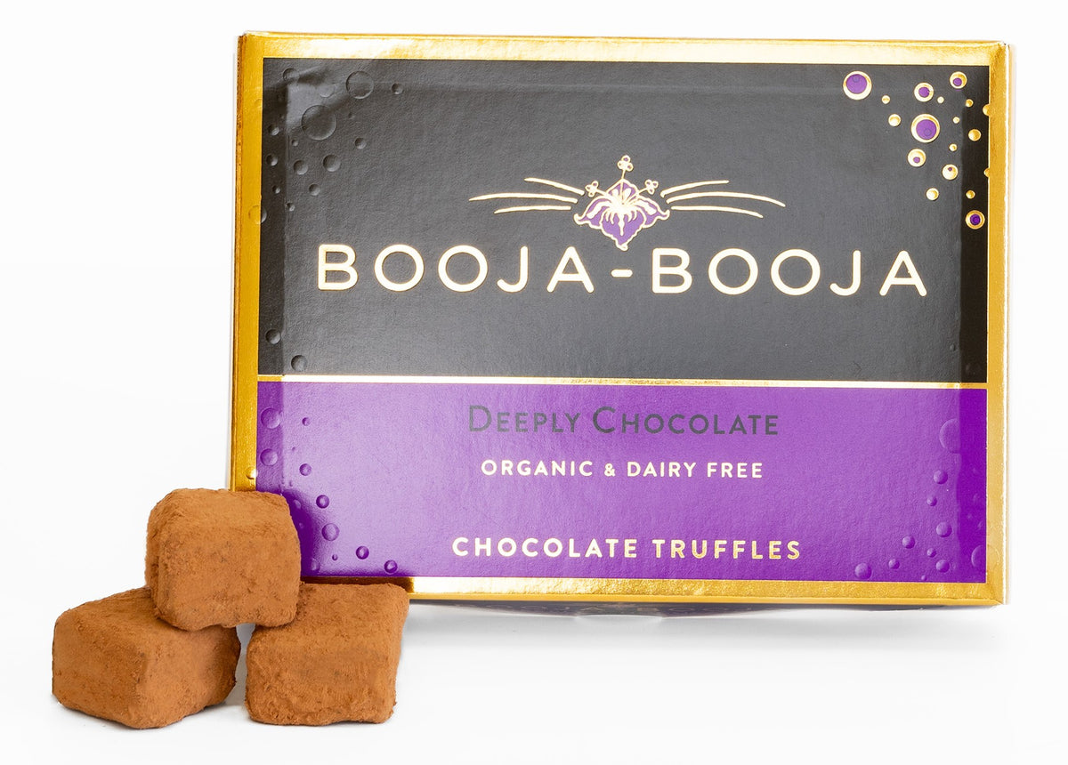 Front pack of Booja-Booja Deeply Chocolate Truffles 8 Pack 92g