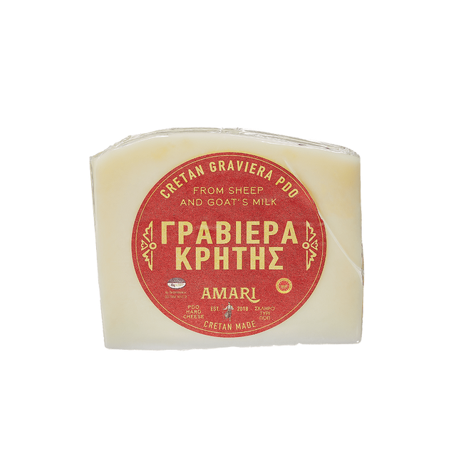 A wedge of Cretan Graviera PDO cheese wrapped in clear plastic, featuring a prominent red circular label with gold Greek text and the brand name AMARJ, on a plain white background.