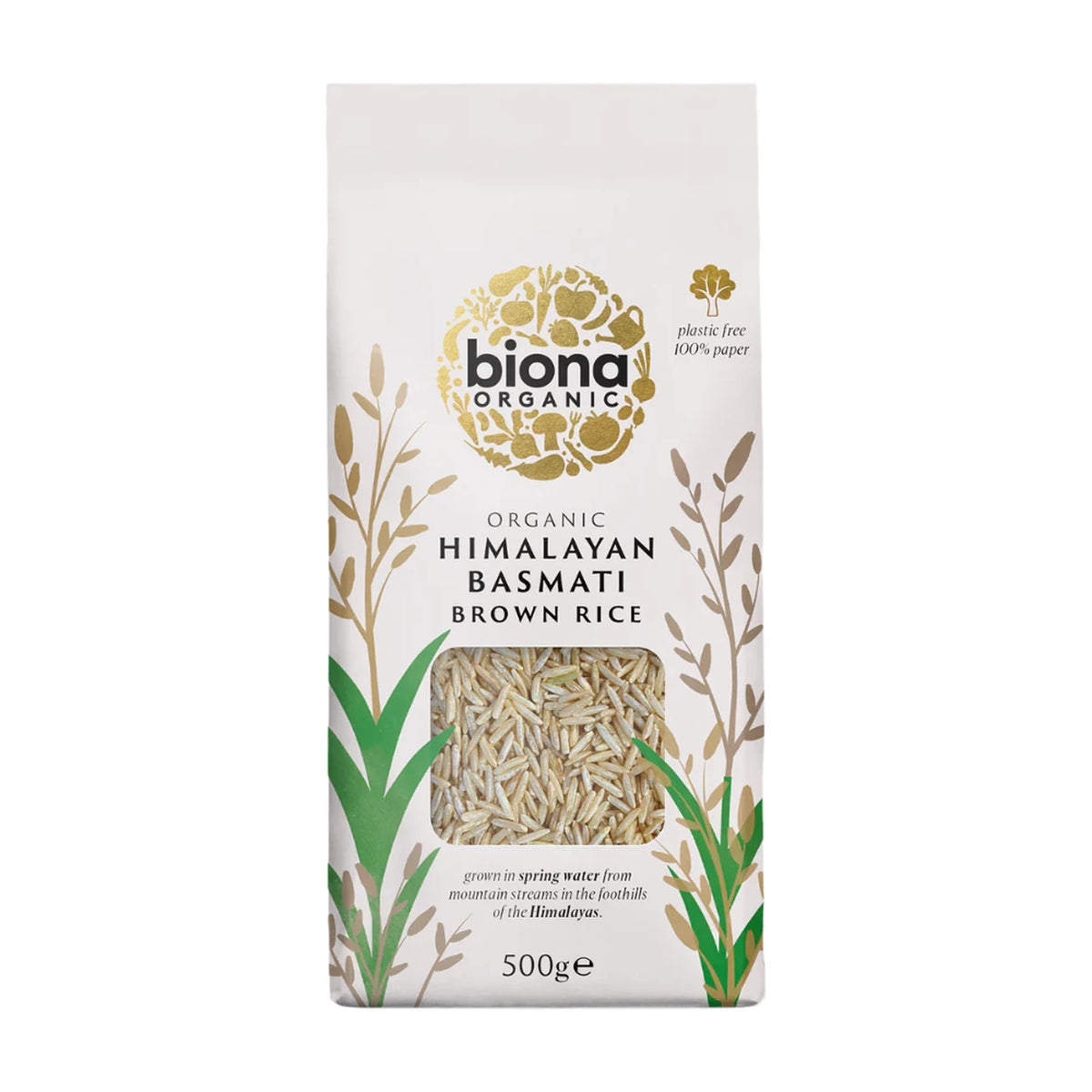 A 500g package of Biona Organic Himalayan Basmati Brown Rice. The packaging is white with gold botanical illustrations, green leaf accents, and a clear window showing the brown rice grains inside.