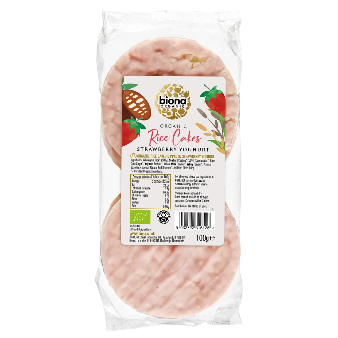 A 100g package of Biona Organic Organic Rice Cakes Strawberry Yoghurt, showing the pinkish-red cake slices inside a clear plastic bag with a white and green label.