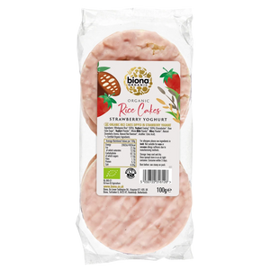 A 100g package of Biona Organic Organic Rice Cakes Strawberry Yoghurt, showing the pinkish-red cake slices inside a clear plastic bag with a white and green label.