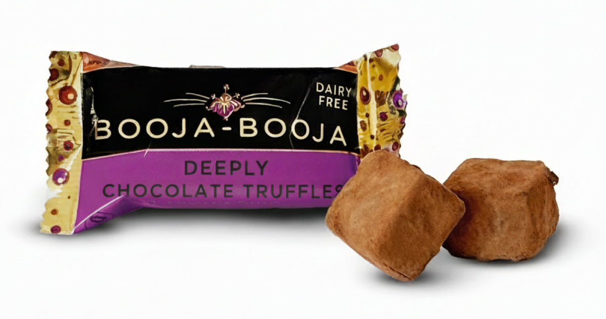 Front pack of Booja-Booja Deeply Chocolate Truffles 2 Pack 23g