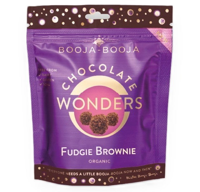 Front pack of Booja-Booja Fudgie Brownie Chocolate Wonders 65g