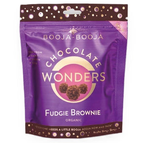 Front pack of Booja-Booja Fudgie Brownie Chocolate Wonders 65g