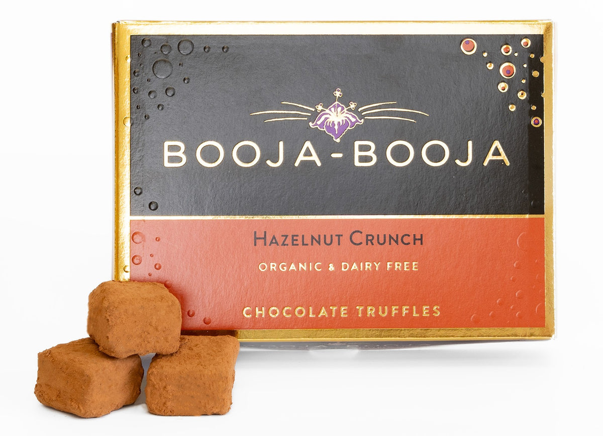 Front pack of Booja-Booja Hazelnut Crunch Chocolate Truffles 8 Pack 92g