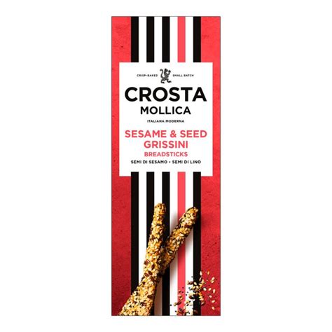 Crosta Mollica Sesame & Seed Grissini Breadsticks packaging, featuring a red background with black and white vertical stripes, a white label with black and red text, and two visible breadsticks with sesame seeds at the bottom.