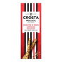 Crosta Mollica Sesame & Seed Grissini Breadsticks packaging, featuring a red background with black and white vertical stripes, a white label with black and red text, and two visible breadsticks with sesame seeds at the bottom.