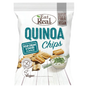 A bag of Eat Real Quinoa Chips in Sour Cream & Chives flavour. The white bag features the Eat Real logo at the top, 'QUINOA Chips' in large teal text, and an illustration of golden-brown cracker chips next to a bowl of white sour cream with green chives.