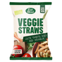 A bag of Eat Real Veggie Straws, plant-based gluten free snack with tomato, kale, and spinach, shown on a plain white background.