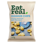 A 110g bag of Eat Real Hummus Chips, simply seasoned with sea salt. The packaging is a warm cream color with green and blue text, and a photo of golden-brown chip curls on a blue plate.