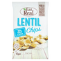 A bag of Eat Real Lentil Chips, Sea Salt Flavour, 113g pack. The white packaging features the Eat Real logo at the top, blue text for 'LENTIL Chips' and 'SEA SALT FLAVOUR', and a photo of golden lentil chips scattered on a light wood background near some salt.