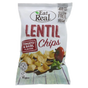 A bag of Eat Real Lentil Chips in Tomato & Basil Flavour, featuring a white bag with red and green text, a photo of potato chips, and a tomato and basil garnish.